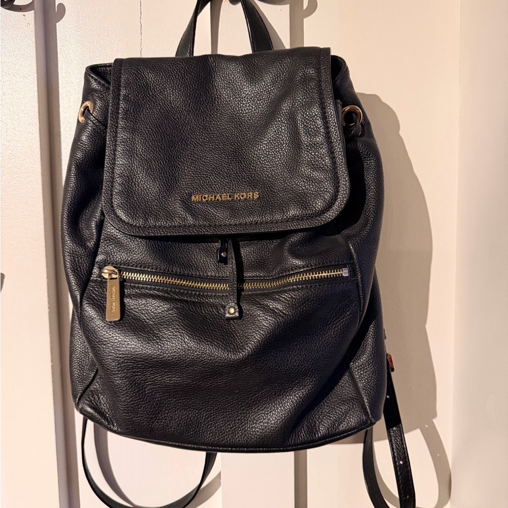 Michael Kors Black Leather Backpack with Gold Accents